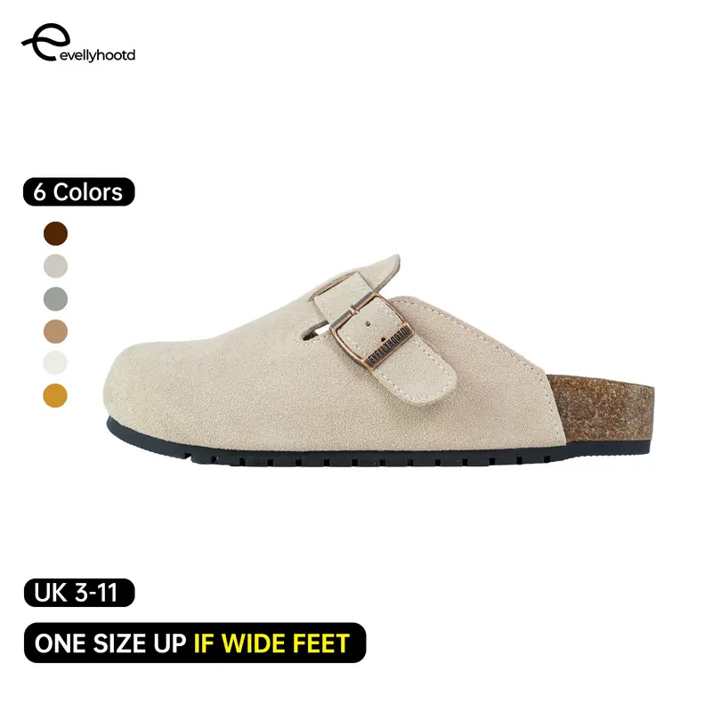 EVELLYHOOTD Women Suede Round Toe Cork Footbed Clogs with Comfort Width Adjustable Fashion Slipper [One size up for wide weet] ] 0