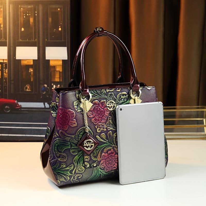 Vintage Floral Embossed Women's Handbag - Elegant Purple & Green Crossbody Bag with Detachable Strap, Perfect for Commuting or Gifting, Novelty Purse 5