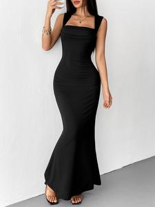 Women's Solid Square Neck Dress, Fashion Casual Sleeveless Long Dress for Party Club Dating Wear, Women Dress for Summer