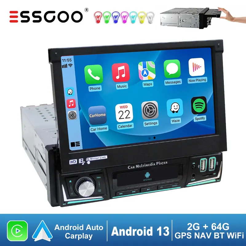 ESSGOO Single 1 DIN 7 Inch Flip Out Screen Android 13 Auto Car Stereo Radio Apple Carplay GPS Navigation Wifi FM RDS Bluetooth 6