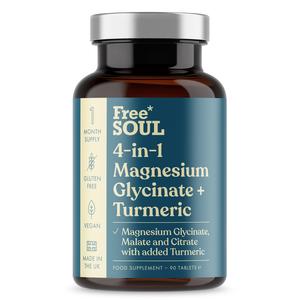 Magnesium Glycinate + Turmeric 4-in-1 Complex By Free Soul | Triple-Strength Magnesium Supplements with 1322mg Bisglycinate, Citrate, Malate & 2000mg Turmeric