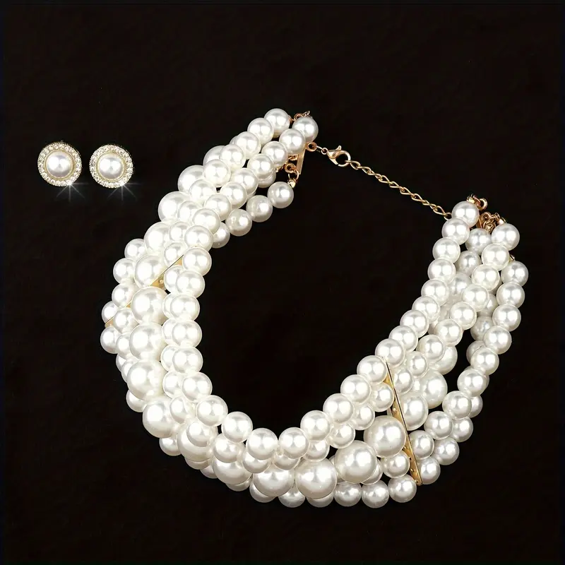 European And American Cross-Border Large And Small Pearls Metal Multi-Layer Necklace Foreign Trade Fashion Round Geometric Earrings Jewelry Set 3