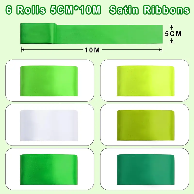 6 Rolls 50MM Wide Green Satin Ribbons, 60M Thick Ribbon Wide, Ribbons for Gift Wrapping, Crafting, Wedding Cars, Hair Bows, Party Background Decoration 3