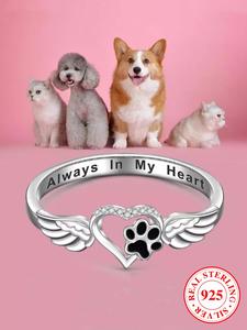 S925 Sterling Silver Cute Dog Paw & Wing Design Statement Rings, Elegant Promise Ring for Women & Girls, Fashion All-match Jewelry for Daily Decor As Gift, Engraved Ring