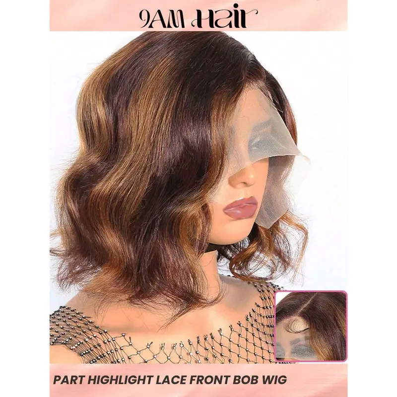 Highlight Short Body Wave Bob 13X4X1 T Part Lace Wigs Ombre Real Colored Human Hair Lace Frontal Closure Wigs For Women With Front Baby Hair Pre Plucked Natural Hairline Wig 0