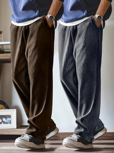Men's Solid Drawstring Waist Corduroy Pants, Casual Comfy Pocket Straight Leg Trousers for Fall & Winter, Men's Bottoms for Daily Wear