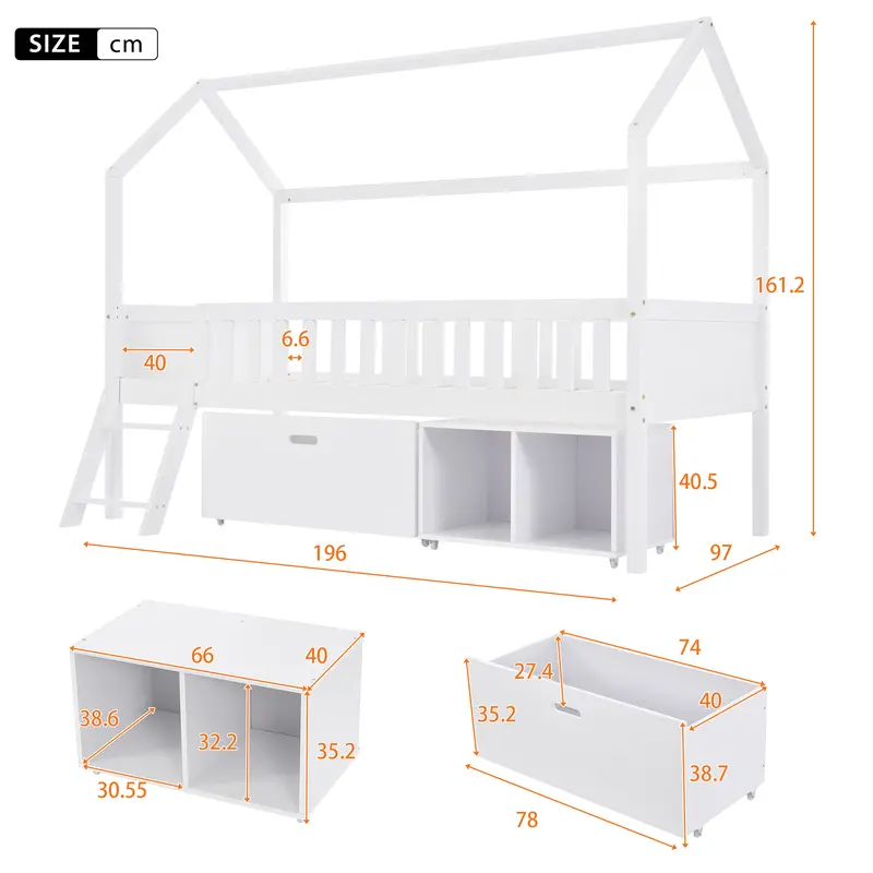 Household bed, children's bed, teen bed, 90*190cm, with drawers, with storage compartments, suitable for boys and girls, with anti-fall railings, white 8