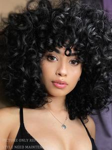 Women's 14 Inch Long Coily Wigs with Bangs, Synthetic Curly Wigs, Retro Fashion Gorgeous Fluffy Wigs for Party, Cosplay and Daily Wear, Holiday Dress-up Hair Accessories or Gifts