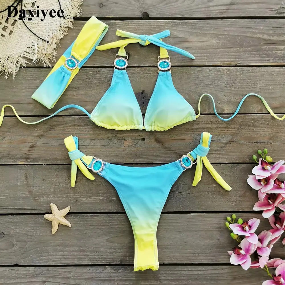 Sexy String Thong Bikinis Set Rhinestones Crystal Diamond Patchwork Swimsuit Head Band 3pcs Women Swimwear Gradient Bathing Suit