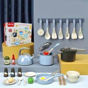 Pretend Play Kitchen Toys Cooking Set (32pcs/set), Kitchen Pretend Toys, Realistic Kitchen Playset, Educational Cooking Utensil Cookware Toys for Kids, Christmas Gift