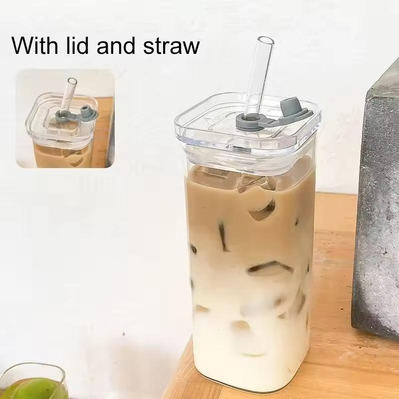 1Pcs Square Heat Resistant Coffee Glass Cup With Lid and Straw Transparent Milk Tea Juice Cups Coffee Mug For Home Bar Drinkware 2