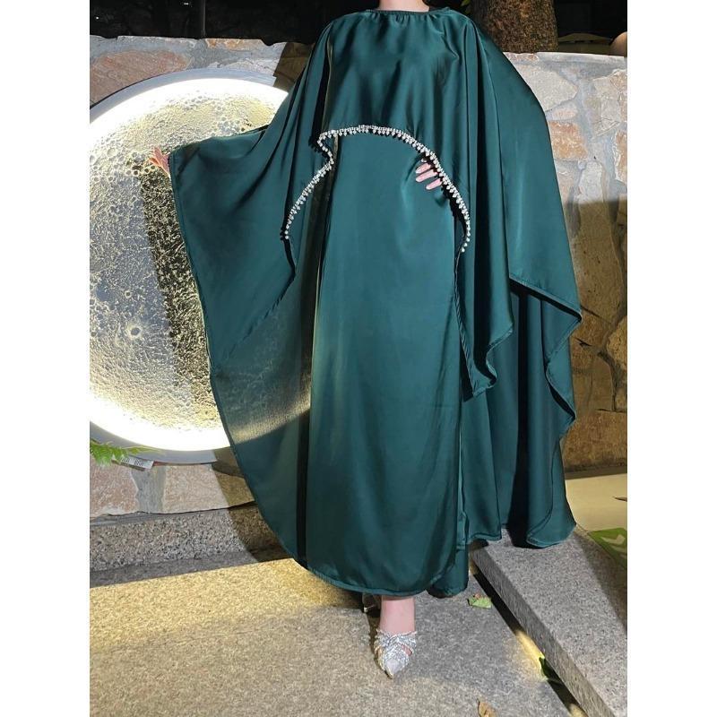 2025 Ramadan Promotion Two- piece Satin cape elegant dress , occasion abaya , Modest dress with pearl and crystal 8