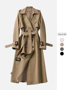 Women's Solid Color Notch Lapel Double Breasted Trench Coat, Casual Long Sleeve Waist Tie Coat for Daily Outdoor Wear, Ladies Clothes for All Seasons, Jackets