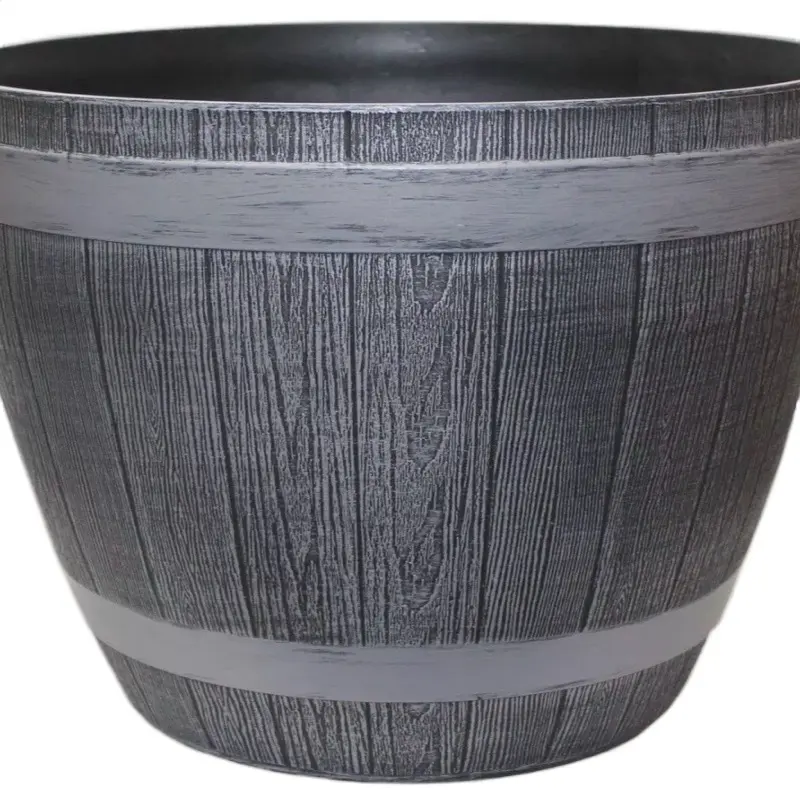 Grey Wooden Barrel Planter for Outdoor Garden - Round Plastic Pot for Flower and Tree 3