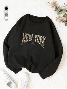 Women's Leopard & Letter Print Round Neck Pullover, Fashion Casual Crew Neck Sweatshirt for Daily Holiday Outdoor Wear, Women Clothing for Fall & Winter