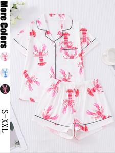 Women's All Over Lobster Print Pajama Set, Elegant Casual Comfy Button Front Short Sleeve Top & Elastic Waist Shorts Pj Set, Ladies Sleepwear for All Seasons, Pajamas, Loungewear