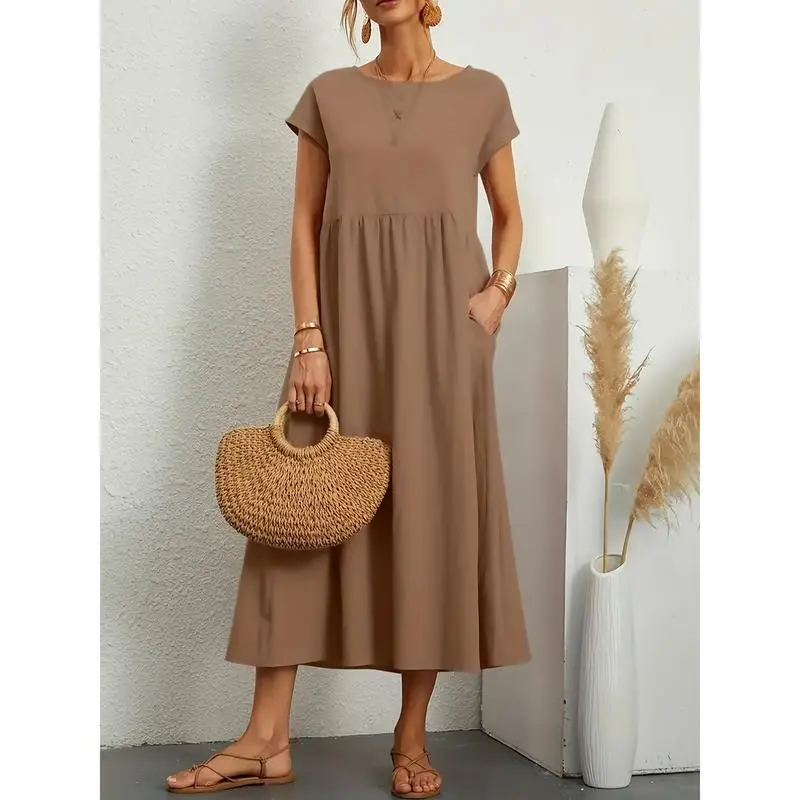 [Plus Size Ruched Pocket Dress] Plus Size Solid Color Pocket Ruched Dress, Casual Short Sleeve Crew Neck Longline Dress For Spring & Summer, Women's Plus Size Clothing