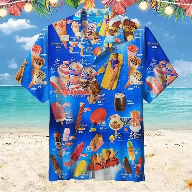 2025 Trendy Cool Fashion Ice Cream Shirts Beach Party 3d Print Hawaiian Shirt unisex Short Sleeve Oversized Blouse Lapel Shirts 3