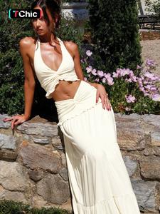 Women's Solid Color Plunge Neck Crop Top & Ruched Skirt Two-piece Set, Sleeveless Halter Neck Top & Bodycon Skirt, Ladies Summer Clothes for Party Holiday, Plunge Neck Top