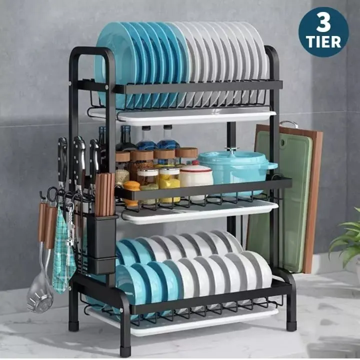 2 Tier Dish Drainer, Multifunctional Dish Drainer Rack, Rustproof Kitchen Dish Drying Rack  Holder, Space-Saving Dish Kitchen Counter, Large, Black Storage Holders & Racks Cabinet Organizer  Steel Waterproof Decor Installation dish  drying  rack 8
