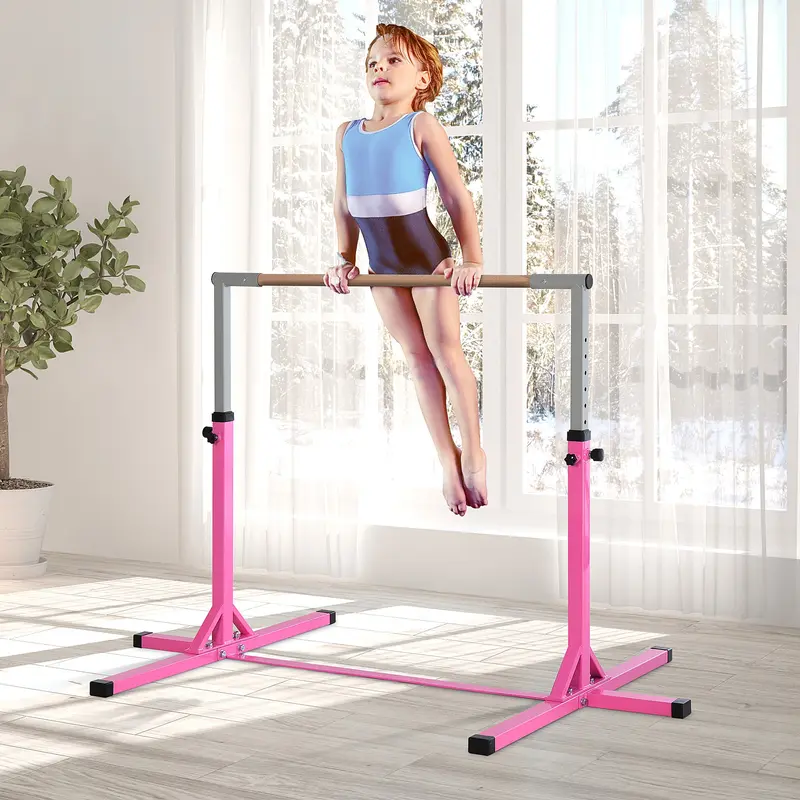 Steel Frame Adjustable Horizonal Gymnastics Bar for Kids Pink 2