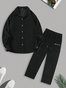 Men's Solid Button Front Shirt & Straight Leg Pants Set, Casual Long Sleeve Collared Top & Trousers for Fall & Winter, Men's Clothes for Daily Wear