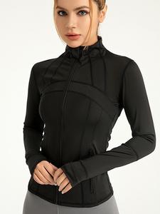 BaseTry Women's Solid Zip Up Thumb Hole High Neck Sports Jacket, Long Sleeve Zip Front Sports Outerwear for Fitness Yoga Exercise Running, Ladies Sportswear for All Seasons