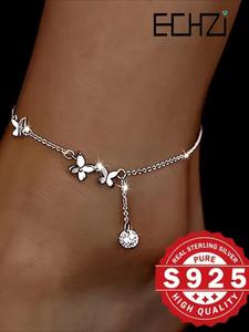 925 Sterling Silver Butterfly Design Anklet, Fashionable Foot Jewelry for Women & Girls, Trendy All-match & Exquisite Jewelry for Birthday Gift