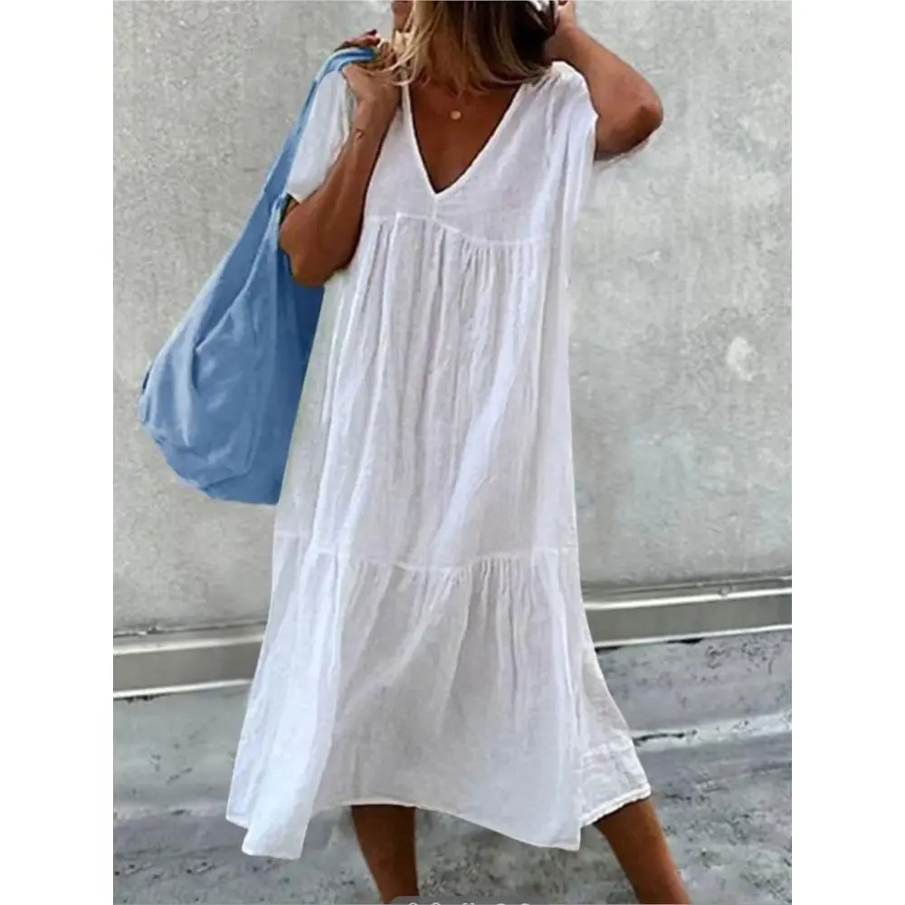 Solid Color Cotton Linen Midi Dresses Women Fashion Casual V-neck Short Sleeves Loose Dress Simple Style Lady Commuting Vestidos