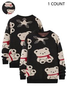 Unisex Men's Cartoon Bear & Star Print Round Neck Sweater, Regular Fit Casual Long Sleeve Crew Neck Jumper for Fall & Winter, Fashion Men's Knitwear for Daily Wear