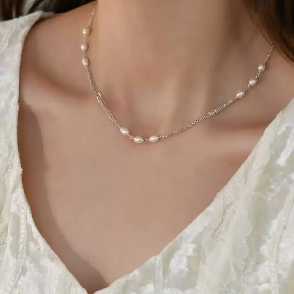 Monica White Ivory Silver Real Pearl Triple Jewel Gift Necklace For Women