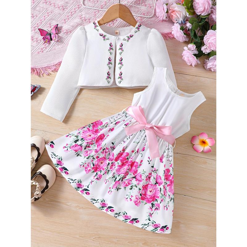 Girls' Spring Fashion 2pcs Set, Floral Print Dress with Belt Detail and Matching Cardigan, Crew Neck, Regular Fit, Polyester 100%, Non-Stretch Woven Fabric, Belted Dress for Kids, for Outdoor 1