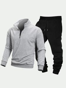 Men's Solid Half Zip Sweatshirt & Pants Set, Casual Long Sleeve Pullover & Trousers for Fall & Winter, Men's Clothes for Daily Wear