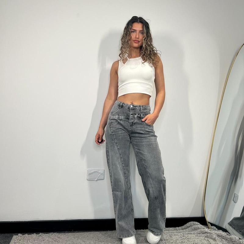 [HouseOfTrendz] RILEY Double Layered Wide Leg Jeans - High Waisted, Baggy, Denim, Double Belt, Double Layer, Pocket Detail, Street wear, Comfortable, Jeans, Womens Casual Cotton Fabric 1