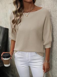 Women's Plain Boat Neck Batwing Sleeve Sweater, Casual Three Quarter Length Sleeve Knit Top for Daily Wear, Ladies Knitwear for All Seasons