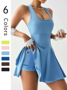 Women's Solid Color Sports Dress, Sporty Sleeveless Tennis Dress for Daily Outdoor Wear, Ladies Sportswear for Summer, Workout Athletic Dresses, Yoga Active Dress