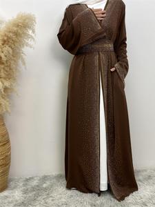 Women's Glitter Rhinestone Embellished Belted Abaya, Modest Long Sleeve Open Front Abayas, Abaya for Women, Women's Islamic Clothing for Spring & Fall, Holiday Outfits, Women's Modesty Islamic Clothing, Modest Muslim Clothes, Modestfashion
