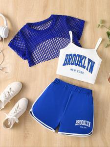 Three-piece Set Girl's Colorblock Letter Print Crop Tank Top & Mesh Crop Top & Shorts Set, Casual Sleeveless Round Neck Top & Shorts for Daily Wear, Kids Summer Clothes, Kids Clothing,  Cute Clothes