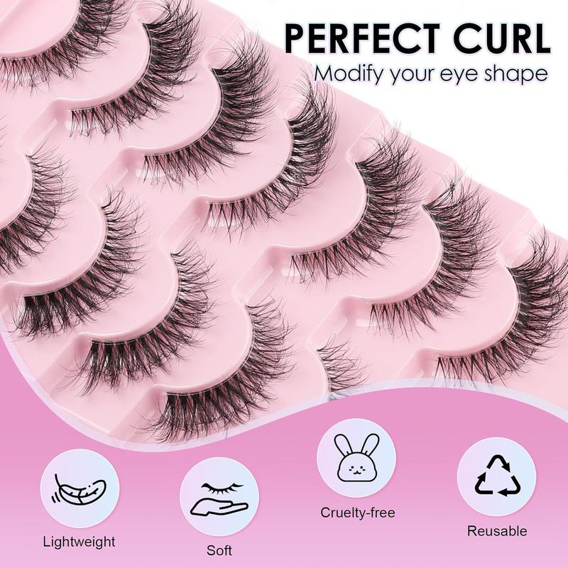 Clear Band Fluffy Lashes Kit with False Eyelashes Glue Bond and Remover Wispy Cat Eye Lashes 7 Pairs Fake Eyelashes Natural Look 3D Strip Lash Extensions Reusable Faux Mink Lashes 2