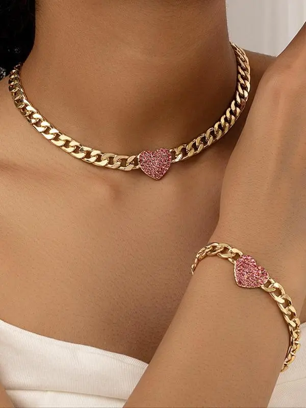Women's Elegant Rhinestone Decorated Heart Design Necklace & Bracelet Set, Exquisite Trendy Chain Design Jewelry Set, Fashionable Jewelry Set As Gift for Women Gifts For Girlfriend, Valentine's Day, Gift 8