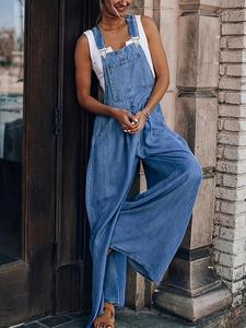 Women's Denim-Effect Print Plicated Wide Leg Overalls Jumpsuit, Chic Fashion Casual Pocket Square Neck Overalls Jumpsuit for Daily Outdoor Wear, Ladies Clothes for All Seasons
