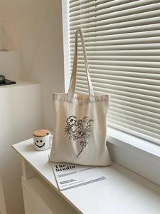 Women's Spring Simple Floral Pattern Beige Canvas Tote Bag, Casual Large Capacity Shoulder Bag for Daily Used, Casual Trendy Versatile High-quality Daily Commuting Bag