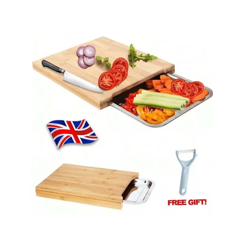 Kitchen artifact! Bamboo cutting board with stainless steel tray, mildew-proof cutting board + sliding juice tray, two-in-one design Chopping Knives 1Pcs 8