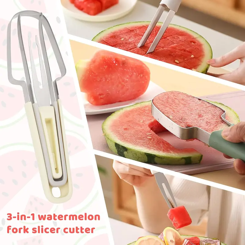 2PCS 3-in-1 Watermelon Fork Slicer Cutter, Stainless Steel Watermelon Cutter Slicer Tool Set, Multifunctional Melon Cutter 1