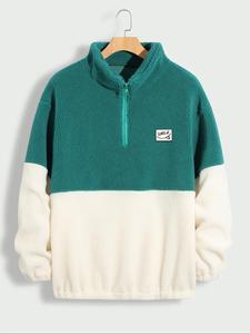 Men's Colorblock Patched Half Zip Up Plush Sweatshirt, Regular Fit Casual Mock Neck Long Sleeve Top for Spring & Fall, Men's Clothes