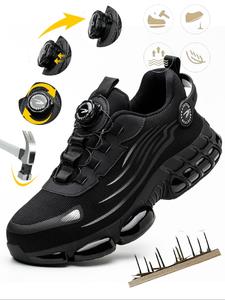 Men's Casual Black Lace Up Low Top Work Safety Sneakers Shoes, Fashionable Breathable Comfortable Patched Rotating Automatic Buckle Design Work Shoes for Daily Wear, Perfect for Students and Outdoor Sports, Lightweight Safety Shoes