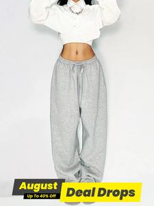 Women's Plain Drawstring Waist Pocket Sweatpants, Casual Comfy Elastic Loose Wide Leg Pants for Daily Wear, Ladies Bottoms for All Seasons, Womenswear, Elastic Waist Pants, Casual Streetwear Trousers, Casual Fashion Pants
