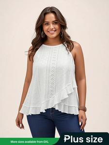 【Plus Size】 Solid Color Eyelet Embroidery Casual Comfy Cami Top, Basic Casual Sleeveless Tank Knit Top for Daily Wear, Women Plus Clothing for All Seasons, Minimalist Womenswear