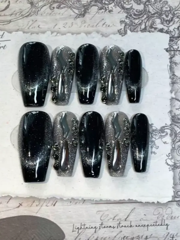 10pcs Gothic Cat Eye Press-On Nails | Coffin Shape with Crystal Tips & Rhinestones | Gel & File Included 2