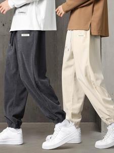 Men's Letter Patched Drawstring Waist Corduroy Pants, Casual Comfy Pocket Jogger Pants for Fall & Winter, Men's Trousers for Daily Wear